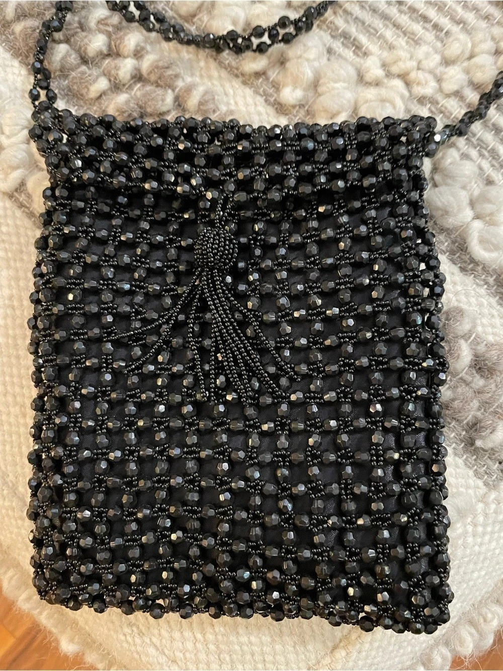 Black Beaded Shoulder Strap Purse Very Good Condition